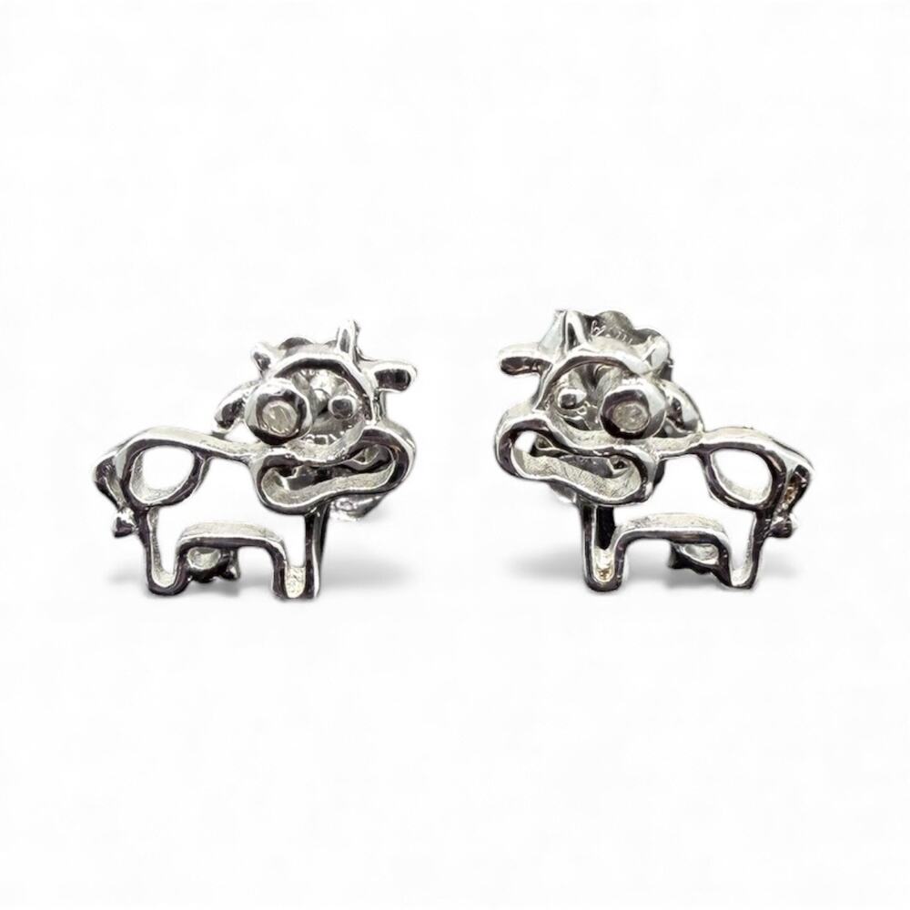 Diamond Cow Stud Earrings 925 Sterling Silver Farm Animal